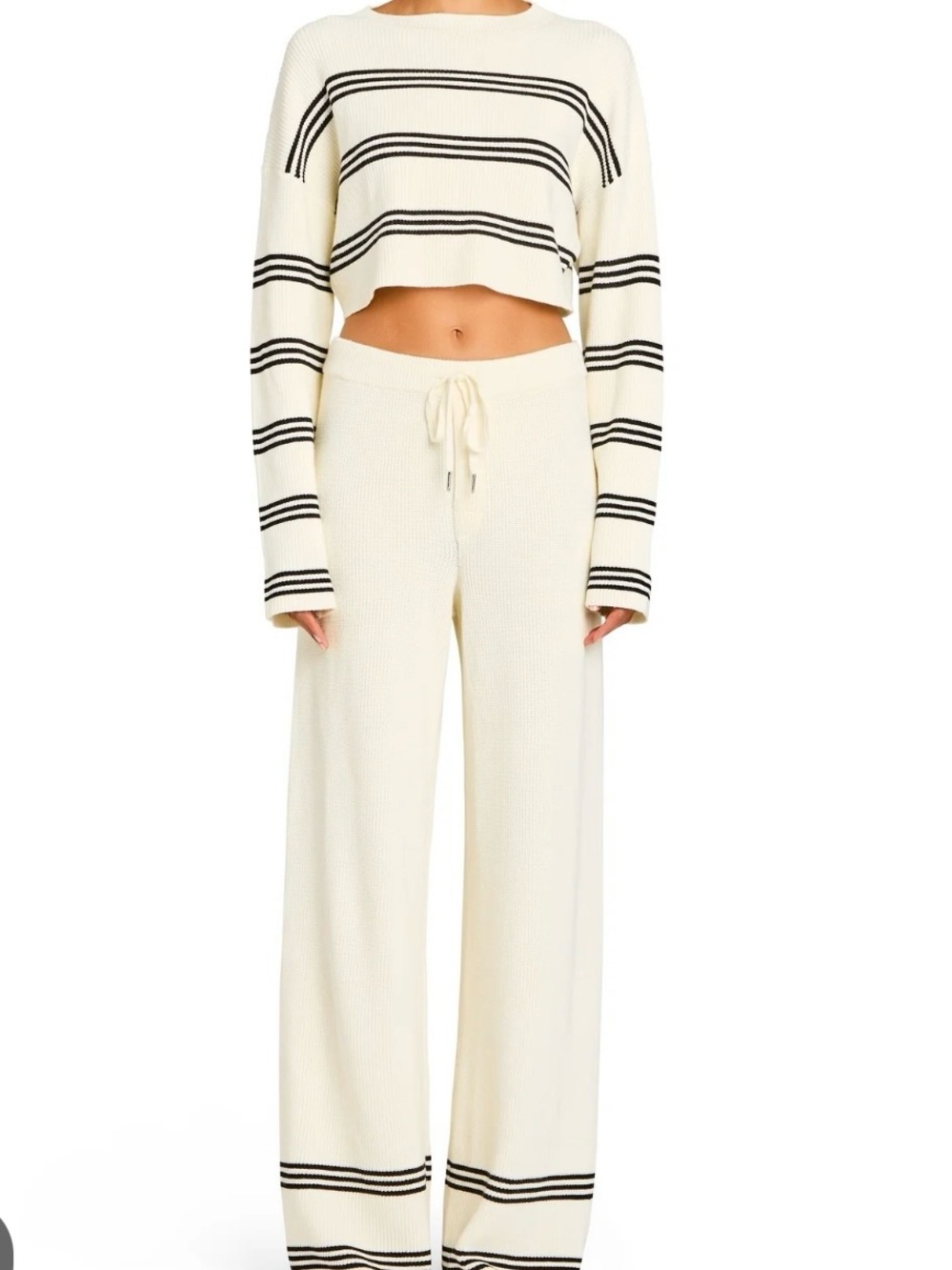 SER.O.YA Cream Wide-Leg Knit Pants with Black Stripes
